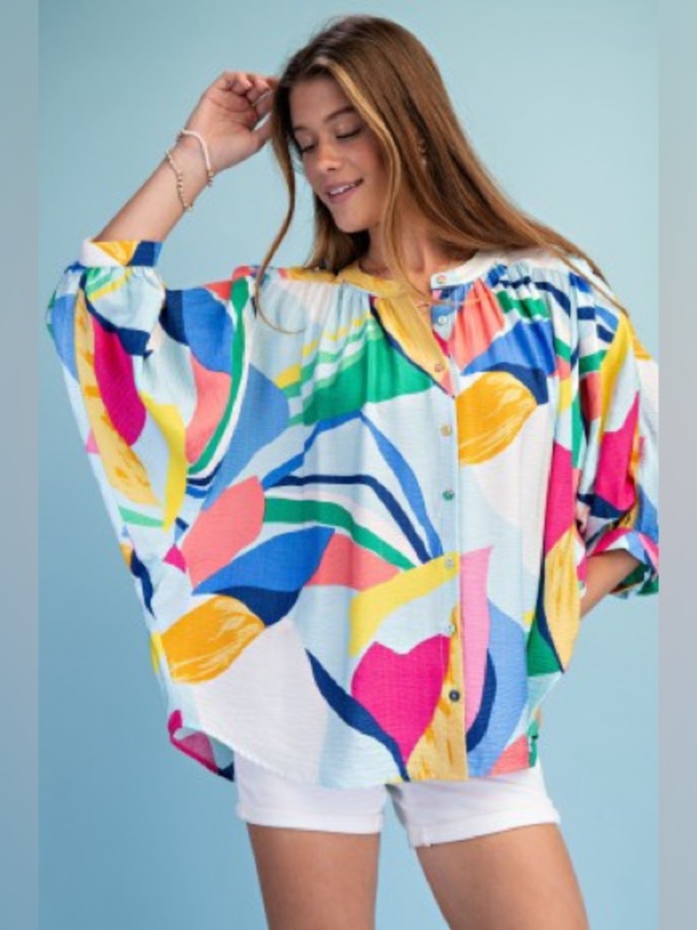 Colorful Abstract Button-Front Blouse - Picture 2 of 7